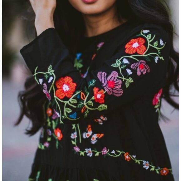 Zara Multicolor Boho Floral Embroidered Long Sleeve Babydoll Mini Dress Size Med - Picture 5 of 9